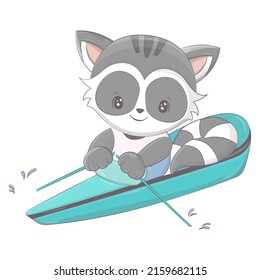 Cartoon raccoon sportsman in a boat. Vector illustration of a cute animal. Cute little illustration of raccoon for kids, baby book, fairy tales, covers, baby shower invitation, textile t-shirt.