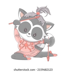 Cartoon raccoon sportsman, gymnastics with a stick. Vector illustration of a cute animal. Cute little illustration of raccoon for kids, baby book, fairy tales, covers, baby shower invitation, textile 