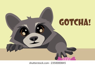 Cartoon raccoon stealing a candy from a table. Funny vector illustration