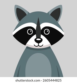 Cartoon raccoon with striking face, grey and white details, on gray background