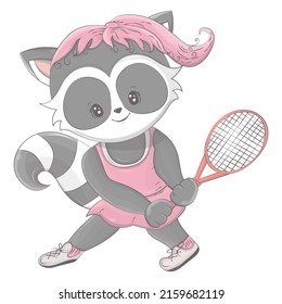 Cartoon raccoon tennis player. Vector illustration of a cute animal. Cute little illustration of raccoon for kids, baby book, fairy tales, covers, baby shower invitation, textile t-shirt.