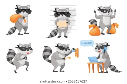Cartoon raccoon thief. Racoon bandit funny character, cute animal in robber mask with striped tail angry gesture burglar face photo print hack password, neat vector illustration original artwork
