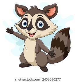 Cartoon raccoon waving hand on white background