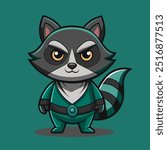 A cartoon raccoon wearing a green suit and a blue belt. The raccoon has a frown on its face and is looking at the camera