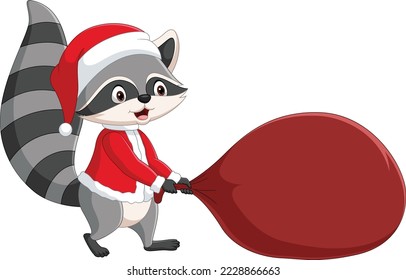 Cartoon raccoon wearing santa claus costume with red bag