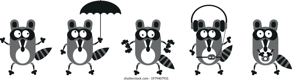 Cartoon raccoons. Raccoons for different activities.