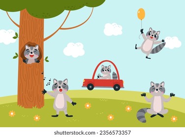 Los mapaches reposan en la pradera. Gracioso coche de mapache, globo volador y canto. Animales de bosque, ubicación de vector con clase de naturaleza infantil