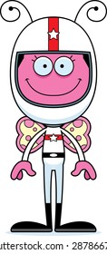 A cartoon race car driver butterfly smiling.