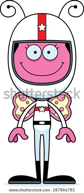 A cartoon race
car driver butterfly
smiling.