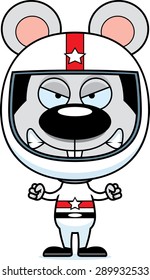 A cartoon race car driver mouse looking angry.