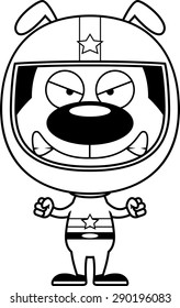 A cartoon race car driver puppy looking angry.
