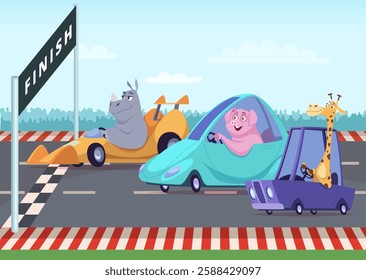 Cartoon race. happy animals on race finishing driving different cars