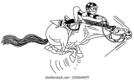 cartoon race horse with jockey galloping in the full speed . Funny equestrian sport. Derby. Black and white outline vector illustration