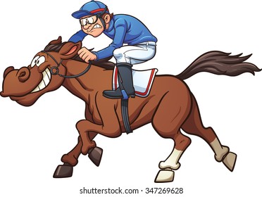 Cartoon Race Horse. Vector Clip Art Illustration With Simple Gradients. Jockey And Horse On Separate Layers.