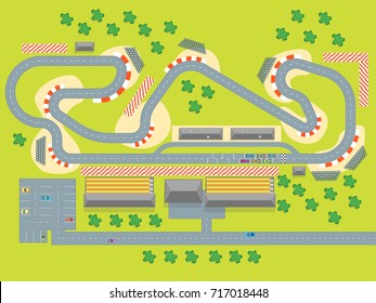 Cartoon Race Track With Cars And Landscape Top View Auto Competition Topography Concept Flat Design Style. Vector Illustration Of Racetrack