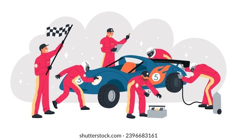 Cartoon racing car on pit stop. Mechanics team in auto servicing process. Tire pumping and wheel replacement. Automobile repair. Race competition. Technician crew. Garish