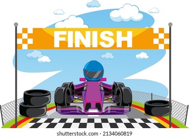 Cartoon racing car reach the finish line illustration