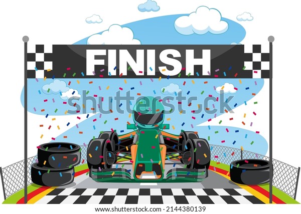 Cartoon\
racing car reach the finish line\
illustration