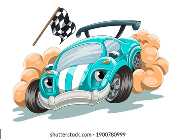 A cartoon racing car rushes along the track trying to win the race. Cartoon vector illustration for children. Race car typography t-shirt graphic isolated white background