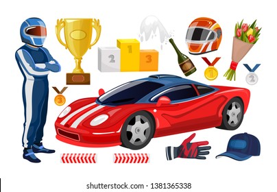 Cartoon racing elements collection. Winner cup, racing helmet, gloves, racer man, trophy medals, sport car. Vector racing set.
