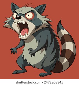 The cartoon racoon is depicted with an open mouth showing its sharp teeth