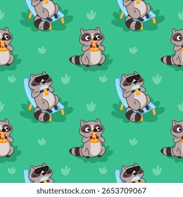 Cartoon racoons padrão sem costura. Pequenos animais bonitos relaxando na natureza, comer e beber, repetido tecido mascote engraçado, papel de parede, papel de parede. Imprimir para tecido. fundo de vetor de garish