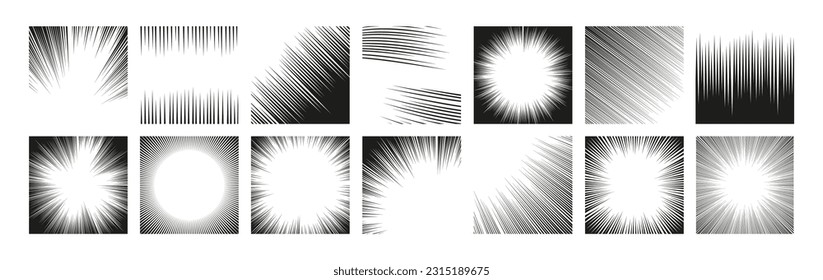 Cartoon radial frame. Manga comic strip and action anime motion graphic asset, burst effect, speed and velocity graphic elements. Vector isolated set. Fast and power movements for magazine