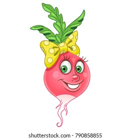 Cartoon Radish character. Beet. Beetroot. Happy Vegetable symbol. Eco Food icon. Emoji expression. Design element for kids coloring book, colouring page, t-shirt print, logo, label, patch or sticker.