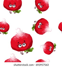 Cartoon Radish Funny Pattern On White Background