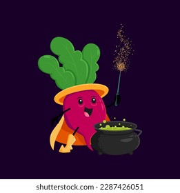 Mago de verduras de halloween de radish de caricatura, personaje de bruja y mago. Vegetales magos vectoriales con poción y personal mágico. Curioso hechicero sonriente, fascinador de la comida sana preparando brebaje