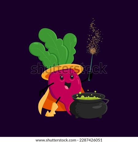 Cartoon radish Halloween vegetable wizard, witch and mage character. Vector magician veggies with potion pot and magic staff. Funny smiling sorcerer, healthy food fascinator brewing wiz concoction