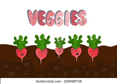 Cartoon radish underground in garden bed, smiling vegetables characters under earth - pink veggies with green leaves. Fresh products from ecological farm. Handwritten word VEGGIES with white elements.