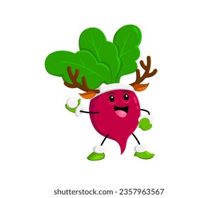 Cartoon radish vegetable character with deer horns mask. Merry Xmas greeting, winter season celebration or New Year holiday cute vegetable isolated vector personage. Christmas veggie funny character