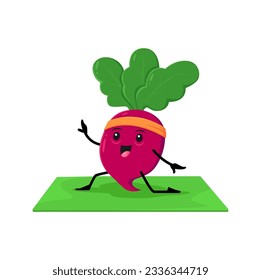 Cartoon radish vegetable character on yoga. Funny fresh veggies on pilates or fitness sport exercises. Cute vector vitamin food personage stand on mat in yogi pose maintain health care practice