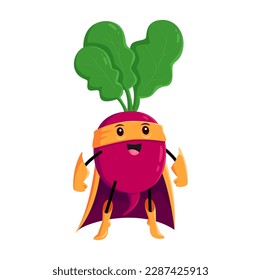 Cartoon radish vegetable super hero character. Isolated vector Funny fairytale comics book vitamin in cape and mask, healthy food, superhero personage in cloak with super power ready for adventure