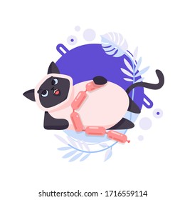 Cartoon Ragdoll or Birman cat has eaten of sausages and after that lies on the ground. He is pleased and the happiest pet on this planet. Completed and isolated vector illustration..