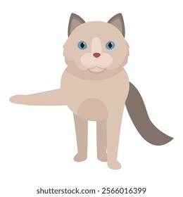 Cartoon ragdoll cat standing on four legs and raising one paw, isolated on a white background