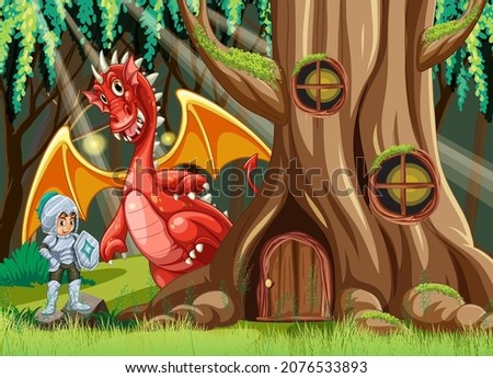 Cartoon ragon and knight in enchanted forest background illustration