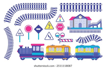 Cartoon railway elements. Steam train and wagons, rails silhouettes, road signs and flat station. Children transportation objects neoteric vector set