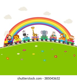 Cartoon railway train with jungle animals