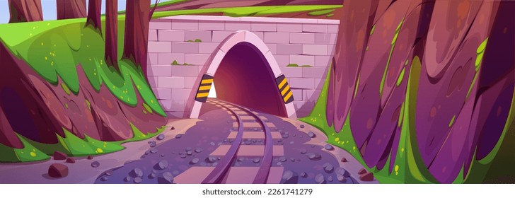 Cartoon railway tunnel in mountains. Vector illustration of railroad track running through stone bridge arch with brick entrance between rocks, forest trees, green grass on hills. Game background