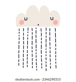 Nubes de lluvia de caricaturas con kawaii ilustración dibujada a mano. Diseño plano de estilo escandinavo, vector aislado. Otoño infantil, caída impresa, elemento meteorológico estacional, temporada de lluvias, clima, pronóstico