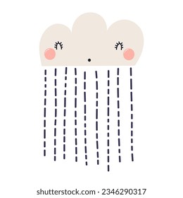 Cartoon rain cloud with kawaii face hand drawn illustration. Scandinavian style flat design, isolated vector. Kids autumn, fall print, seasonal weather element, rainy season, climate, forecast