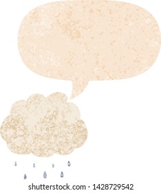 cartoon rain cloud with speech bubble in grunge distressed retro textured style