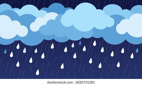 Cartoon Rain Clouds with Falling Raindrops on Dark Stormy Background