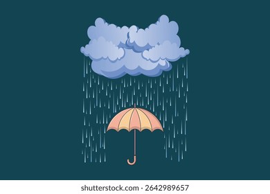 Cartoon rain falling over umbrella, vector flat style artwork in soft tones, rainy weather concept for baby designs, wall posters, and seamless backgrounds

