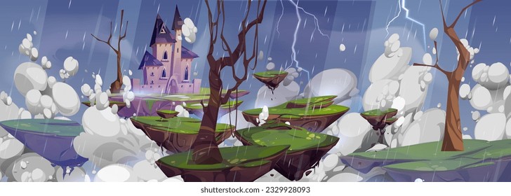 Cartoon rain game background with fantasy castle. Scary halloween landscape with thunderstorm and lightning above floating rock island in sky. Creepy magic dracula chateau with tower on gloomy weather