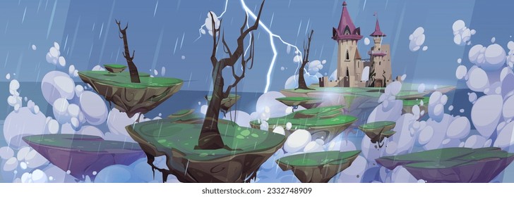 Cartoon rain game background with fantasy castle. Scary halloween landscape with thunderstorm and lightning above floating rock island in sky. Creepy magic dracula chateau with tower on gloomy weather