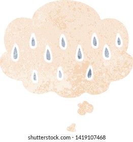 lluvia de dibujos animados con burbuja de pensamiento en un estilo retro angustiado con texturas estrafalarias
