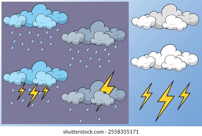 Cartoon rain and thunderstorm weather illustration design, vector, eps 10, editable.